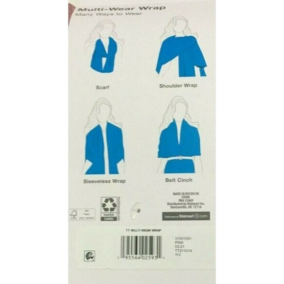 Time and True PINK GRAY Multi Wear Sleeveless Wrap Shoulder Shawl Scarf W038 - Picture 3 of 3